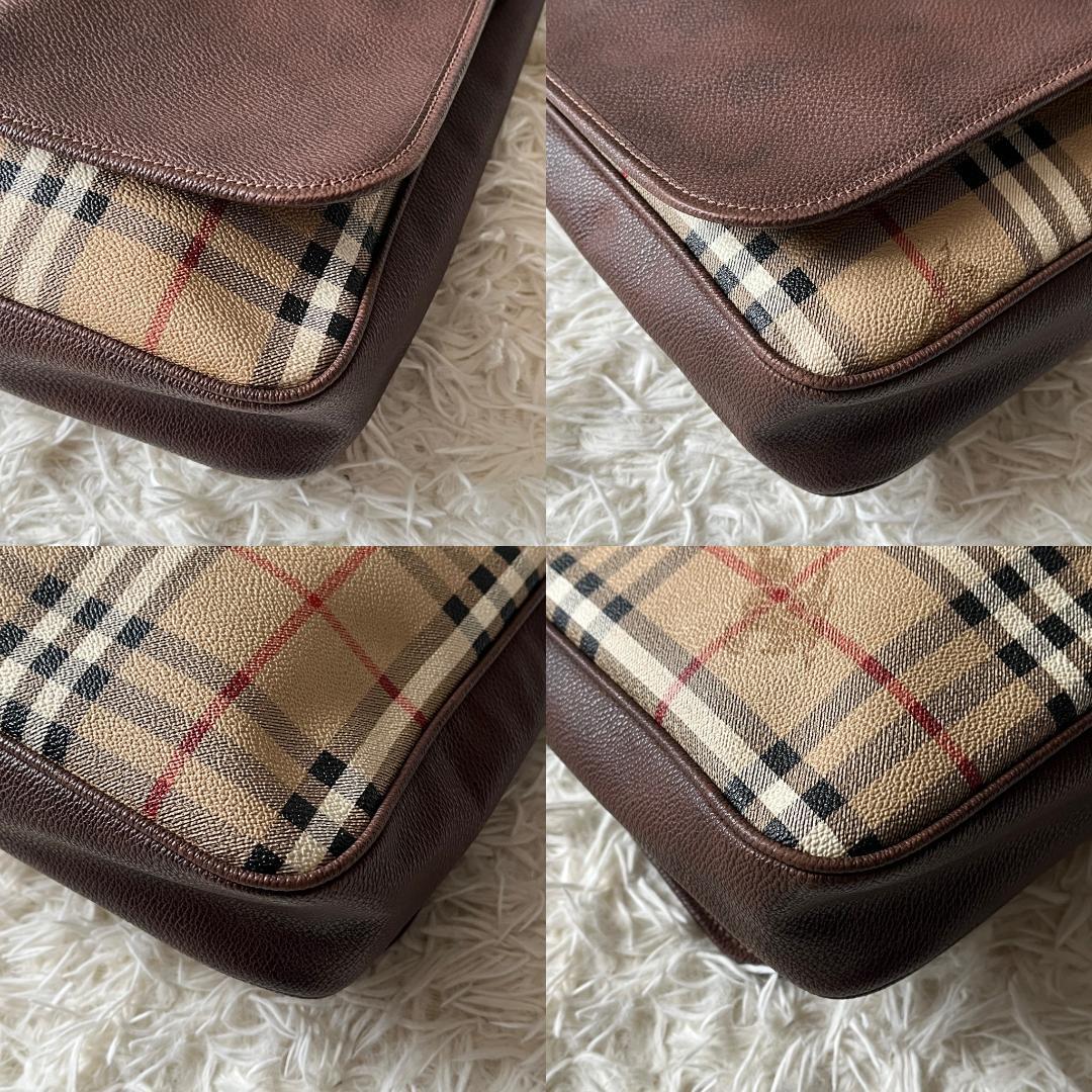 美品★Burberrys バーバリーズノバチェック シャドーホース 2way ブリーフケース PVC×レザー ブラウン×ベージ??