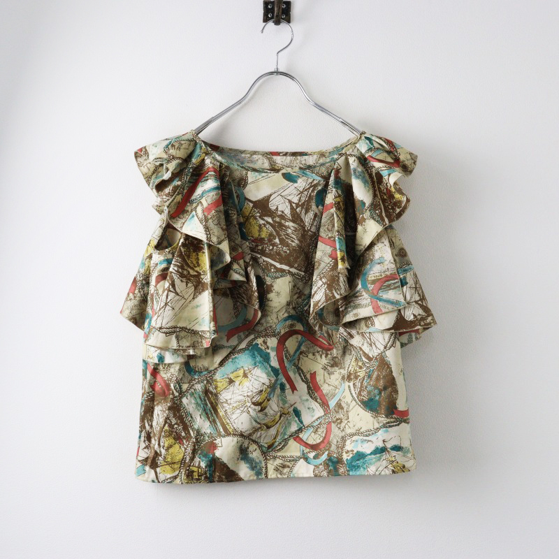 人気アイテム ロイスクレヨン Lois CRAYON マリンプリント サテン素材 フリル トップス M ベージュ/カットソー ブラウス【2400014405804】