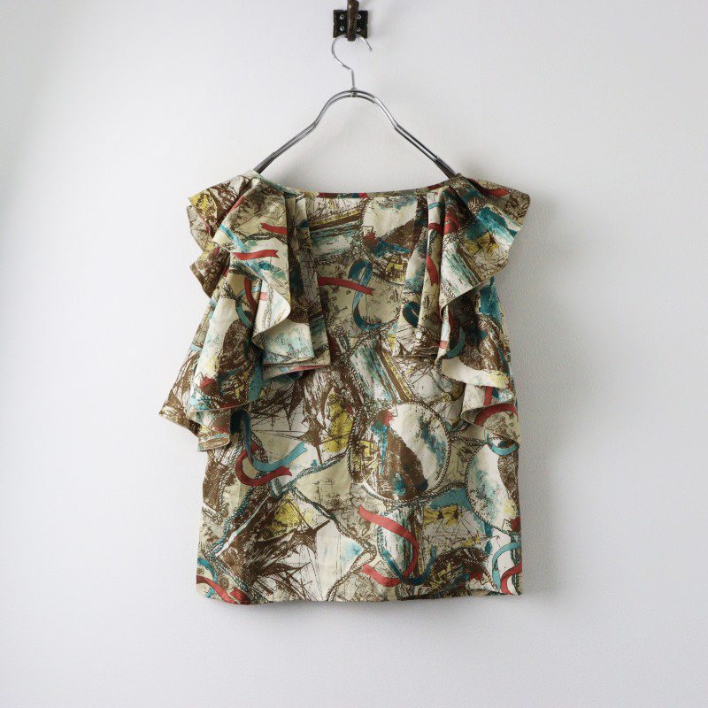 人気アイテム ロイスクレヨン Lois CRAYON マリンプリント サテン素材 フリル トップス M ベージュ/カットソー ブラウス【2400014405804】