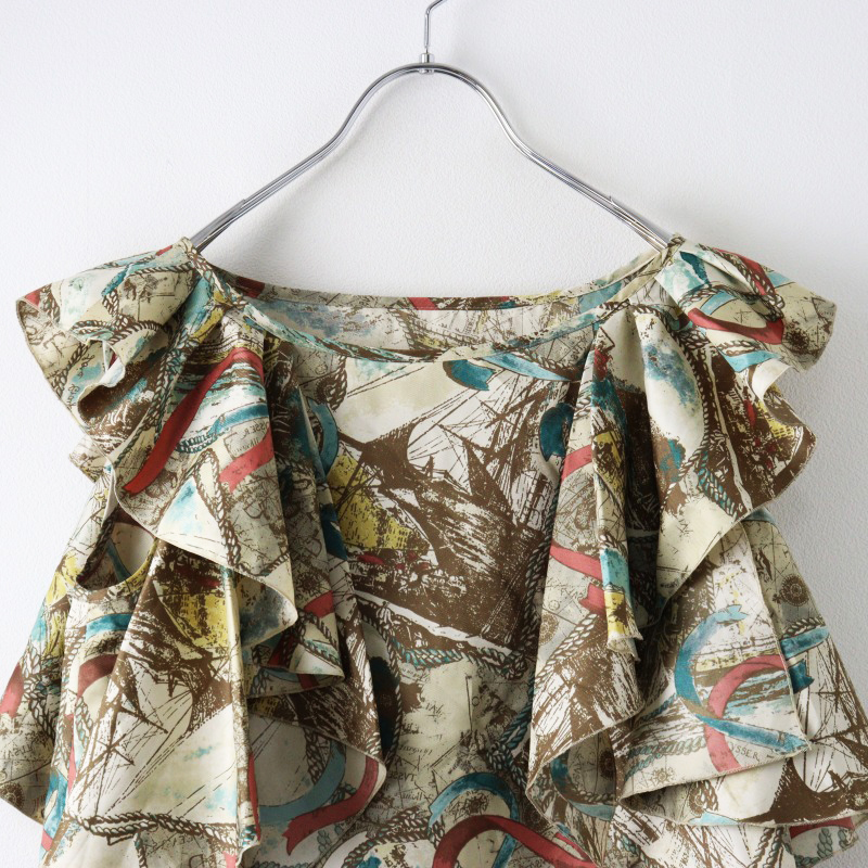 人気アイテム ロイスクレヨン Lois CRAYON マリンプリント サテン素材 フリル トップス M ベージュ/カットソー ブラウス【2400014405804】