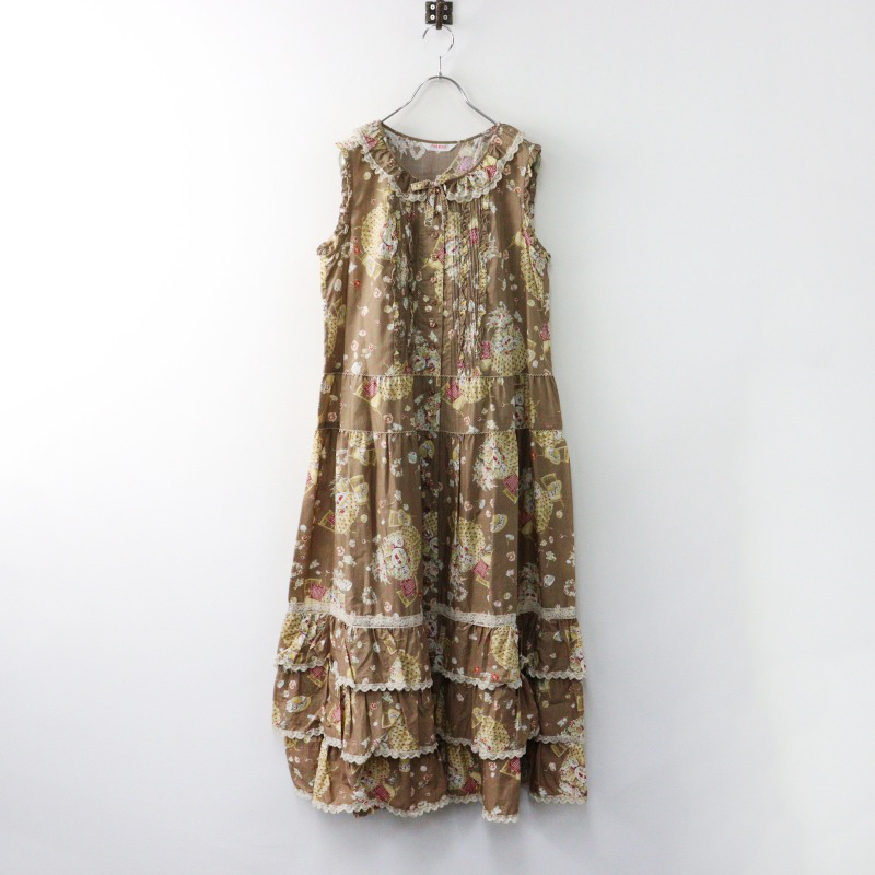 ピンクハウス 縦 ピコフリル 綿ローン ワンピース 生成り ノースリーブ 極美品 ピンクハウス PINK HOUSE 草上のお茶会 ノースリーブ