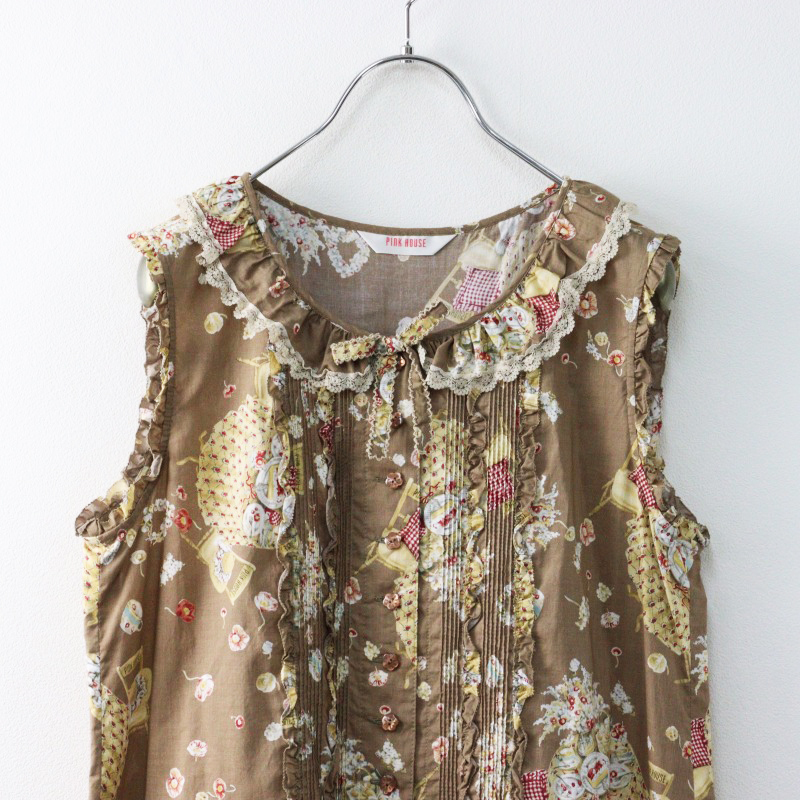 【極美品】PINK HOUSE ノースリーブワンピース ピコフリル ビーズ 刺繍 極美品 ピンクハウス PINK HOUSE 草上のお茶会 ノースリーブ