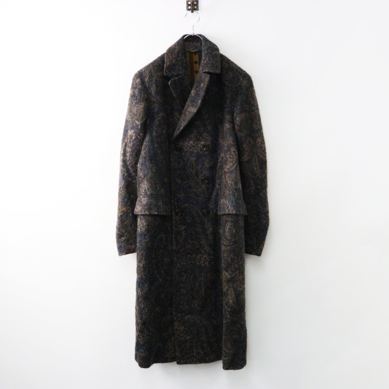 イタリア制 エトロ ETRO 里地総柄 ペイズリープリント アルパカモヘヤ混 ダブルブレスト シャギーロングコート 48 茶系【2400014415513】