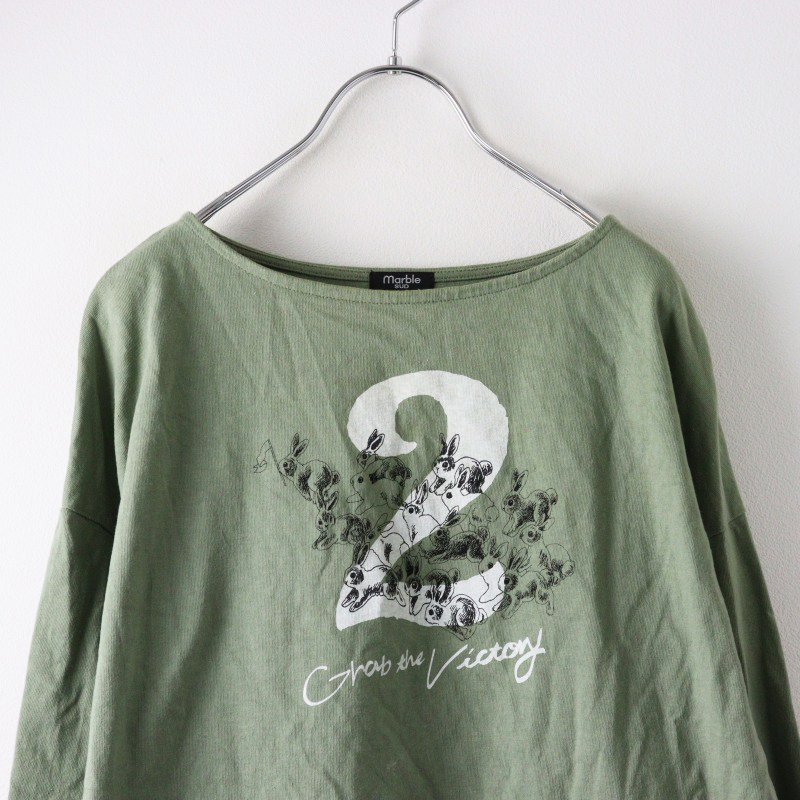マーブルシュッド marble SUD ラビットプリント 長袖カットソー/カーキ トップス プルオーバー Tシャツ うさぎ ロゴ【2400014433845】
