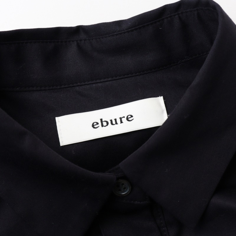 エブール ebure コットンギャザーベルテッドシャツワンピース 36/ブラック フレア ドレス 前開き 袖リボン ベルト【2400014446692】