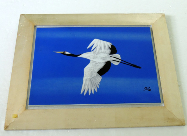 真作」 日本画家 ◇ 加山又造 ◇「 鶴(飛翔) 」陶板画 額装 純銀