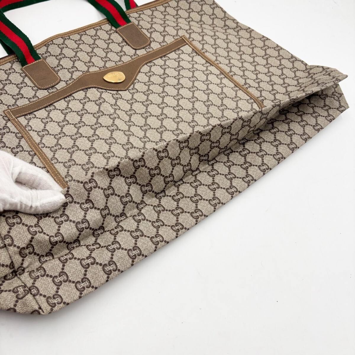 1円 【美品】グッチ GUCCI トートバッグ GGプラス シェリーライン PVC レザー 革 メンズ レディース