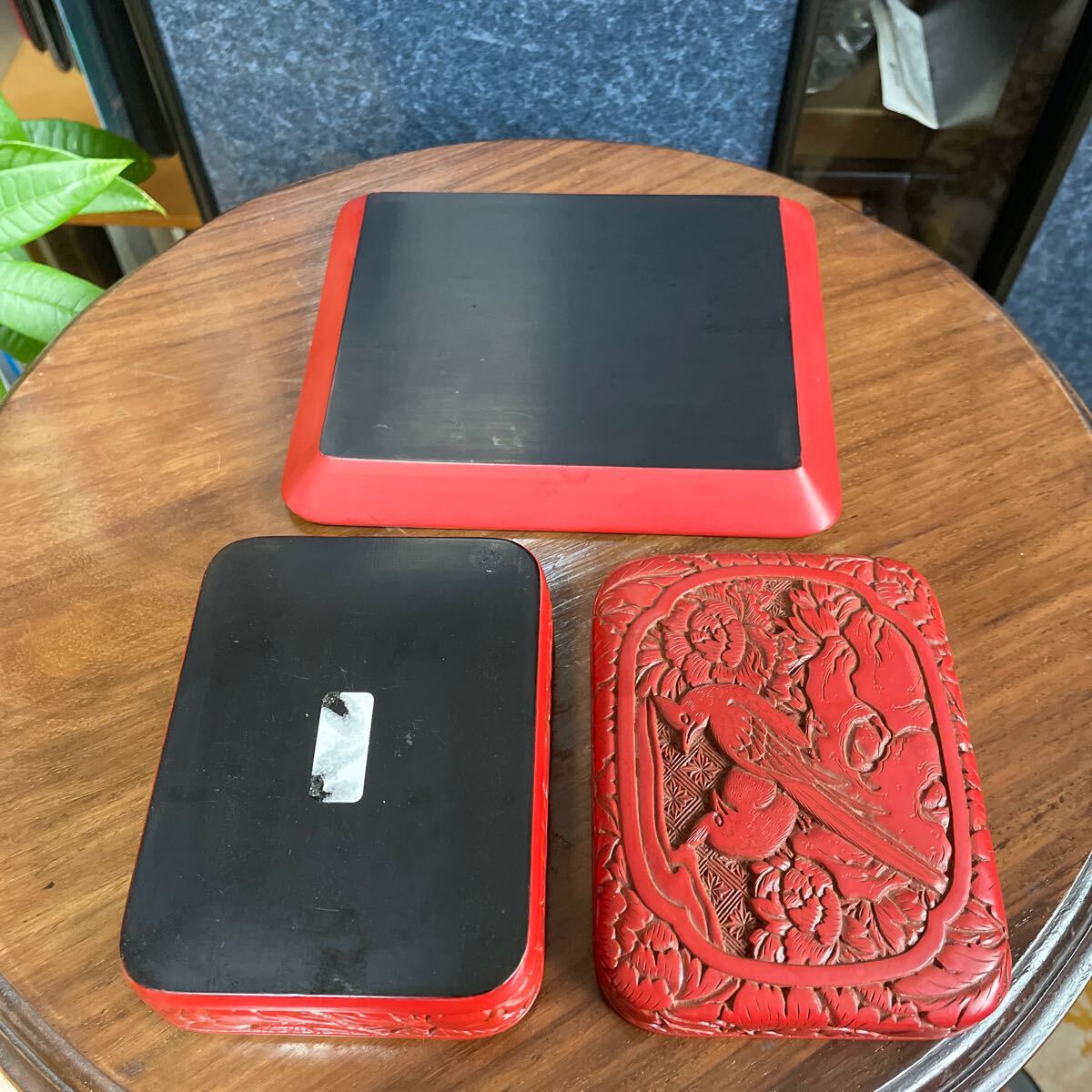 村上堆朱 無形文化財 堆朱莨入 煙草盆 煙草箱 硯箱 漆器 時代物