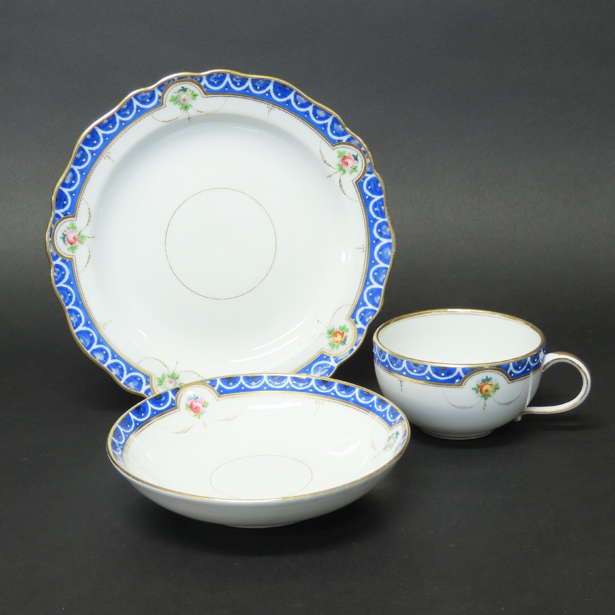 【洋食器015】マイセン MEISSEN カップ&ソーサー Cup Saucer トリオ フラワー 3色ローズ 薔薇の花 金彩/ドレスデン セーブル セーヴル