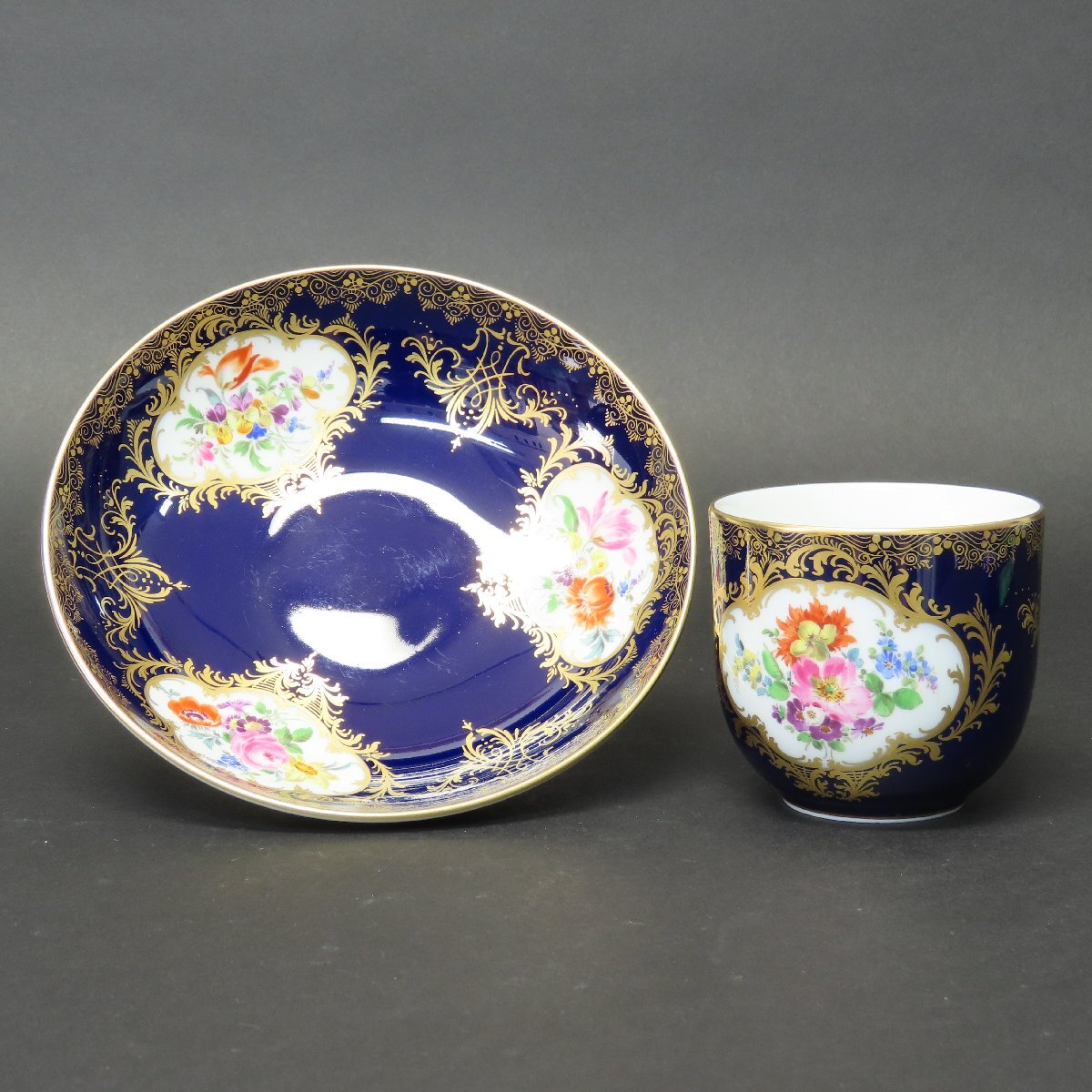 【洋食器025】マイセン MEISSEN カップ&ソーサー Cup Saucer フラワーブーケ 5つ花 コバルトブルー 金彩/ドイツ陶磁 セーブル セーヴル