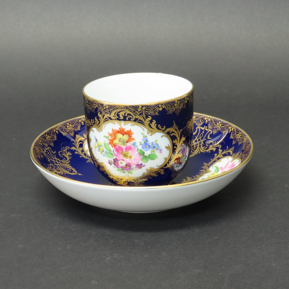 【洋食器025】マイセン MEISSEN カップ&ソーサー Cup Saucer フラワーブーケ 5つ花 コバルトブルー 金彩/ドイツ陶磁 セーブル セーヴル