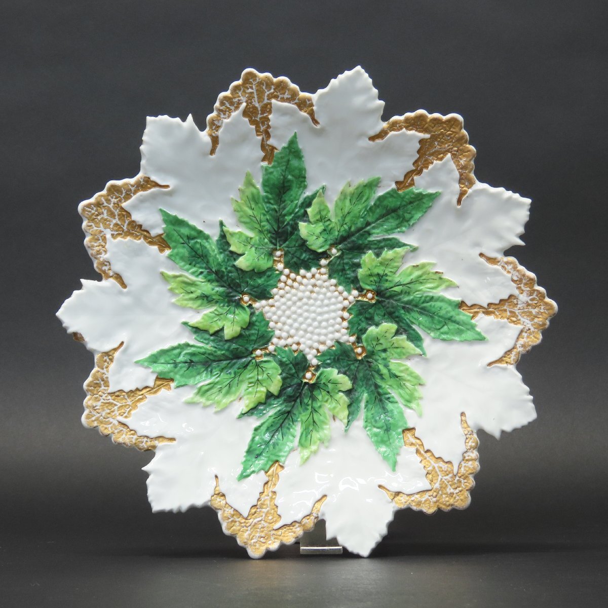 【洋食器046】マイセン MEISSEN メイプルリーフプレート?皿 直徑22cm グリーン＆ゴールド 金彩 カップ&ソーサー