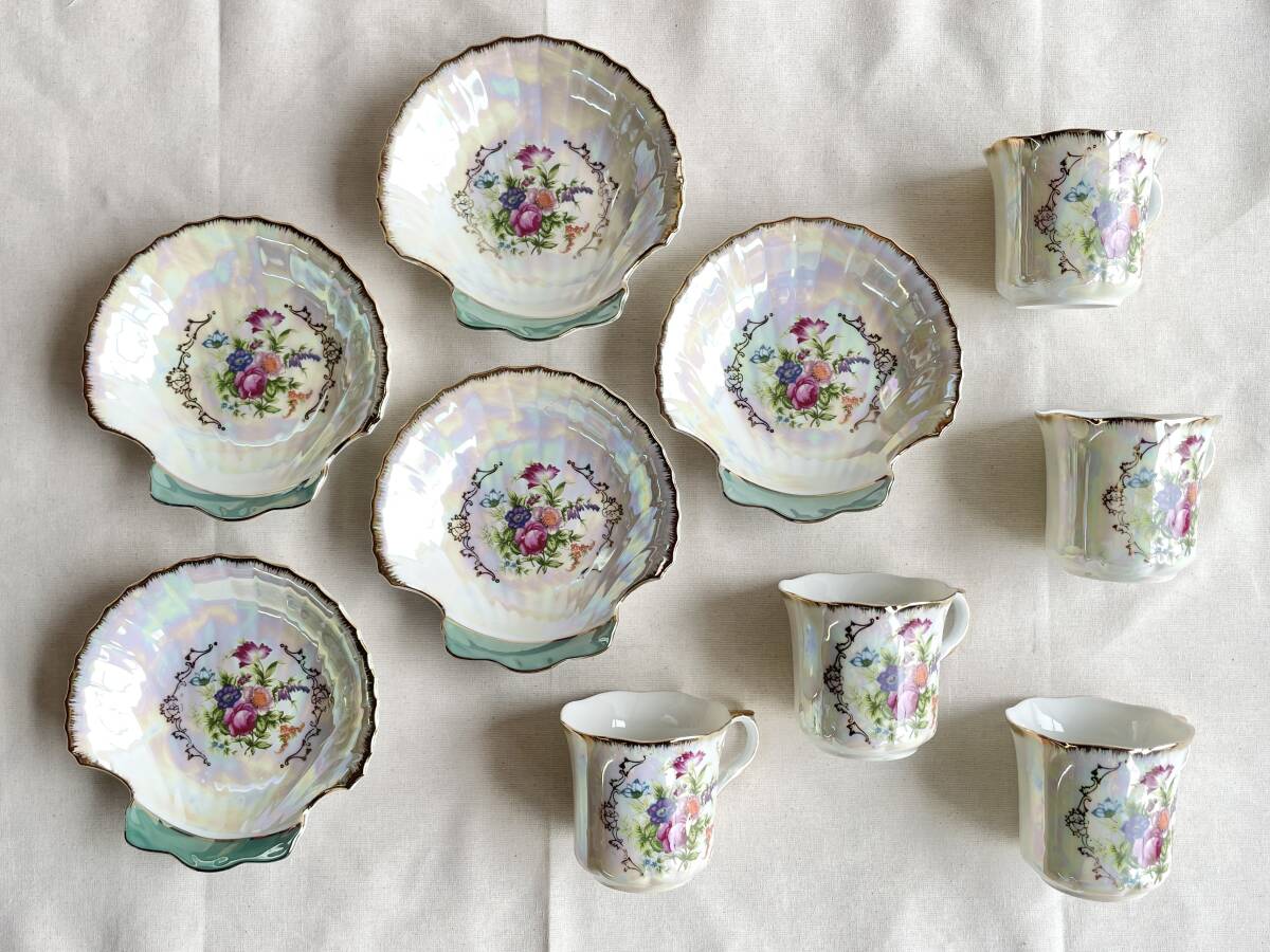 カップ&ソーサー 5客 貝殻型 磁器 ラスター 花柄 箱あり 金彩 コーヒー 紅茶 ティーセット レトロ Y.MIZUNO シェル型 長期保管品