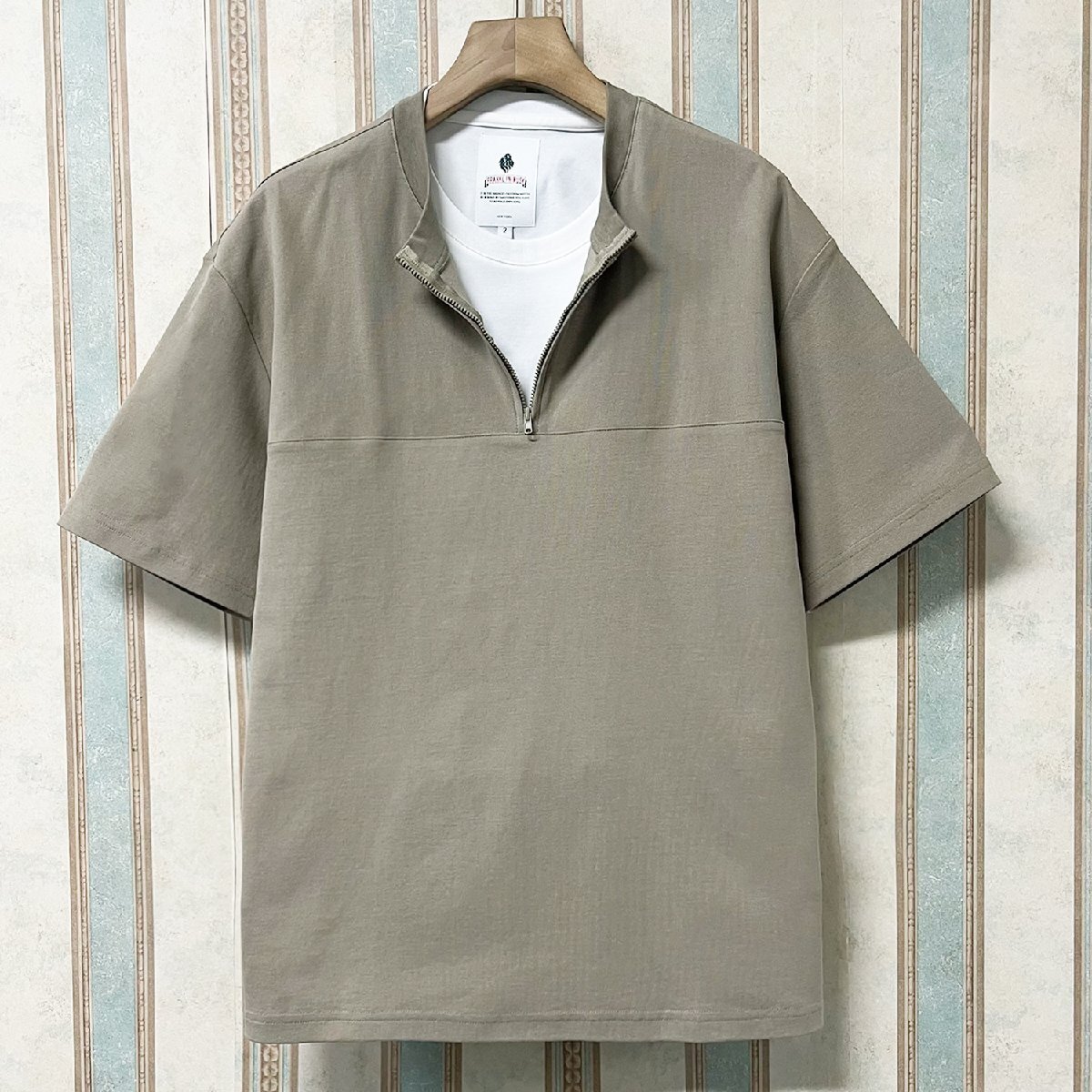 高級(jí) 定価2萬(wàn) FRANKLIN MUSK?アメリカ?ニューヨーク発 半袖 Tシャツ 快適 ソフト 無(wú)地 重ね著 ハーフジップ トップス 夏 サイズ4