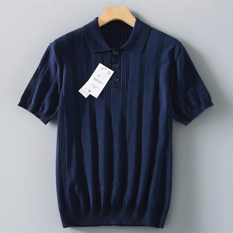 P104-XL 新品 リブ サマーニット メンズ ゴルフ 半袖 ストレッチ ポロシャツ 通気性 伸縮性 テンセル混 夏服 薄手 トップス/ネイビー