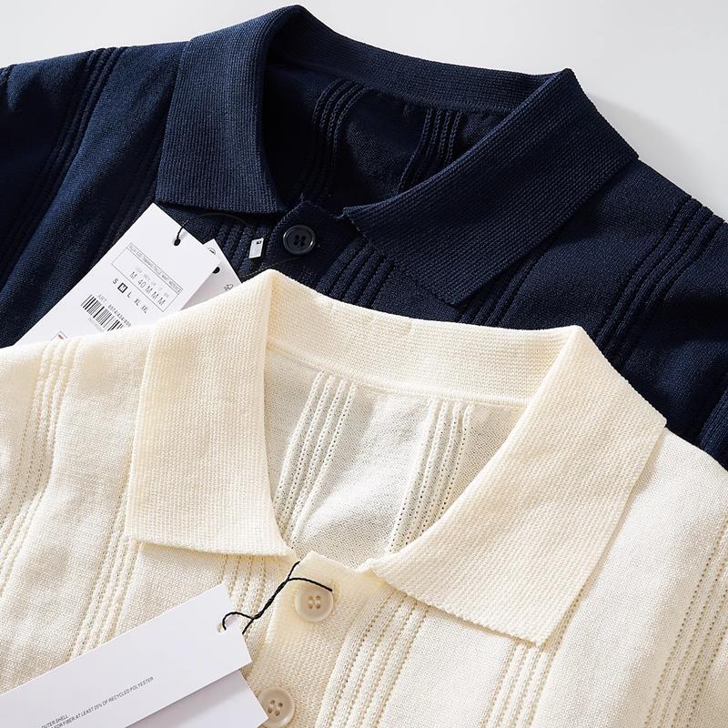 P104-XL 新品 リブ サマーニット メンズ ゴルフ 半袖 ストレッチ ポロシャツ 通気性 伸縮性 テンセル混 夏服 薄手 トップス/ネイビー