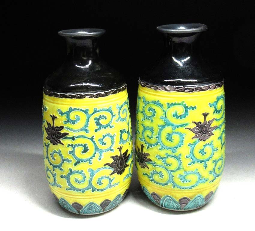 緑屋s■ 大日本永楽造　內(nèi)銀張　交趾　酒器揃　盃5客　徳利2客　　kc2/5-252/30-9#80