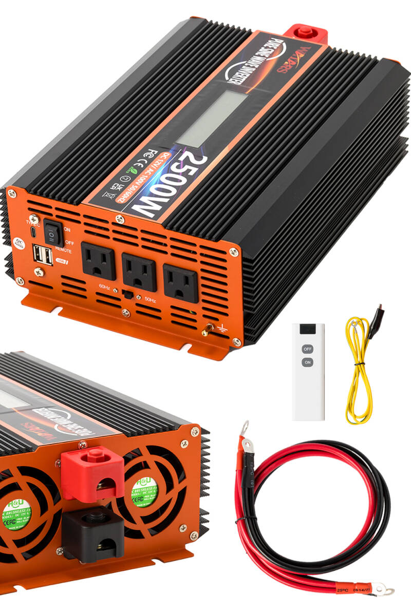 訳アリ激安!!正弦波 インバーター 定格2500W 最大5000W DC12V（直流）?AC100V（交流）変換 LED コンセント2口 USBポート2口 Type-c(30W)