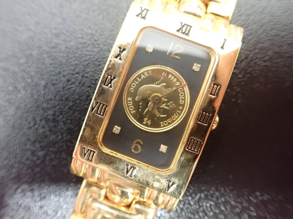 1/30oz GOLD COIN WATCH 腕時(shí)計(jì) 999.9 ラッセン イルカ 金貨 時(shí)計(jì) 電池切れ ジャンク扱い 激安1円スタート 