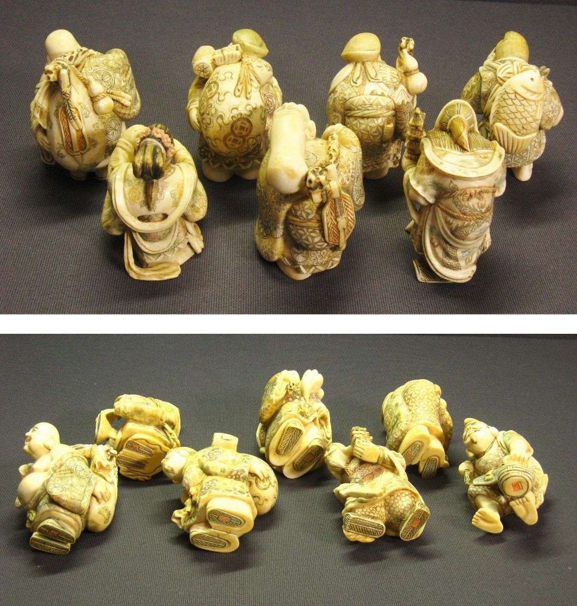 山口」作 七福神 置物 台付き 象牙風 天然素材 白材 総重量1
