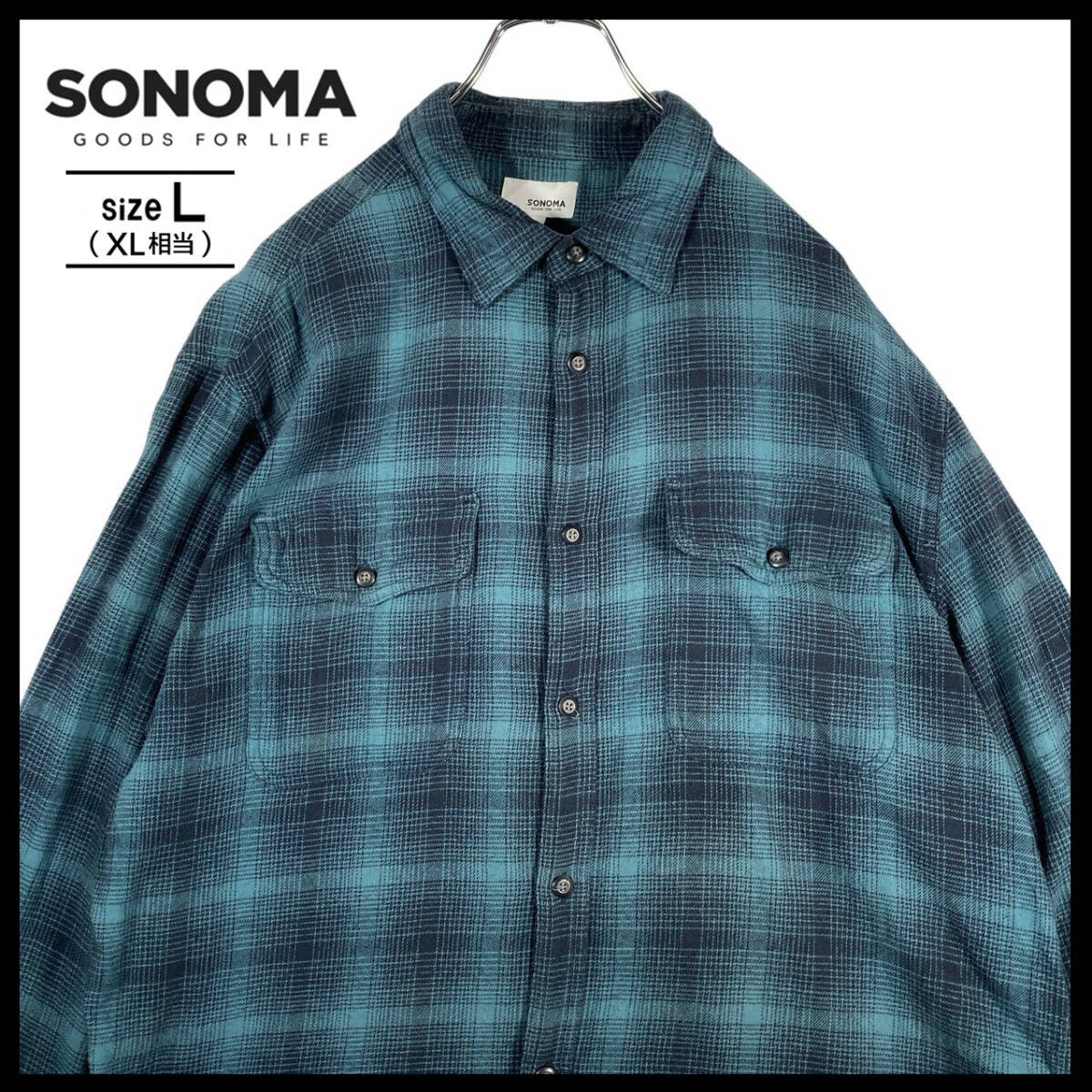 【USED】SONOMA 長袖シャツ オンブレ シャドーチェック柄 長袖シャツ 90s アメカジ 古着 XL相当 グリーン ☆送料無料☆_画像1