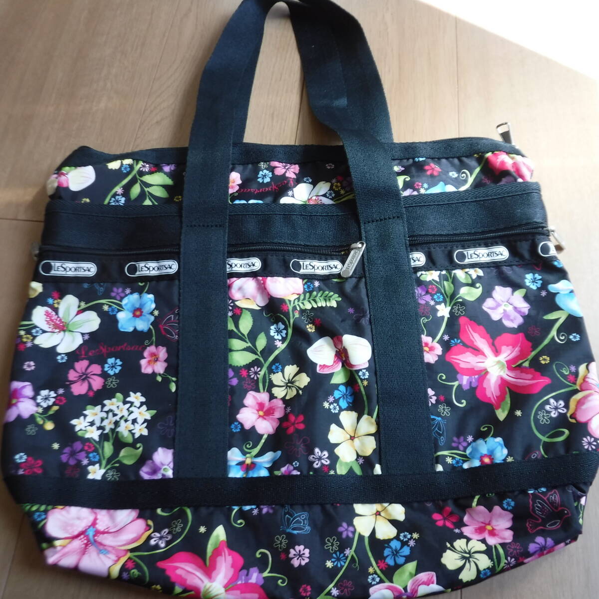 稅不要特価 美品!LESPORTSAC レスポートサック ハワイ DFS限定 トロピカルフローラル ポケットたくさん 大きめ トートバッグ?⑧