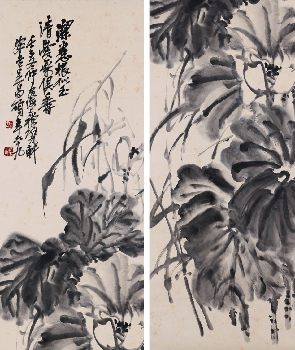 安】中国近時代画家「呉昌碩書」紙本「水墨花卉図六条屏」掛軸