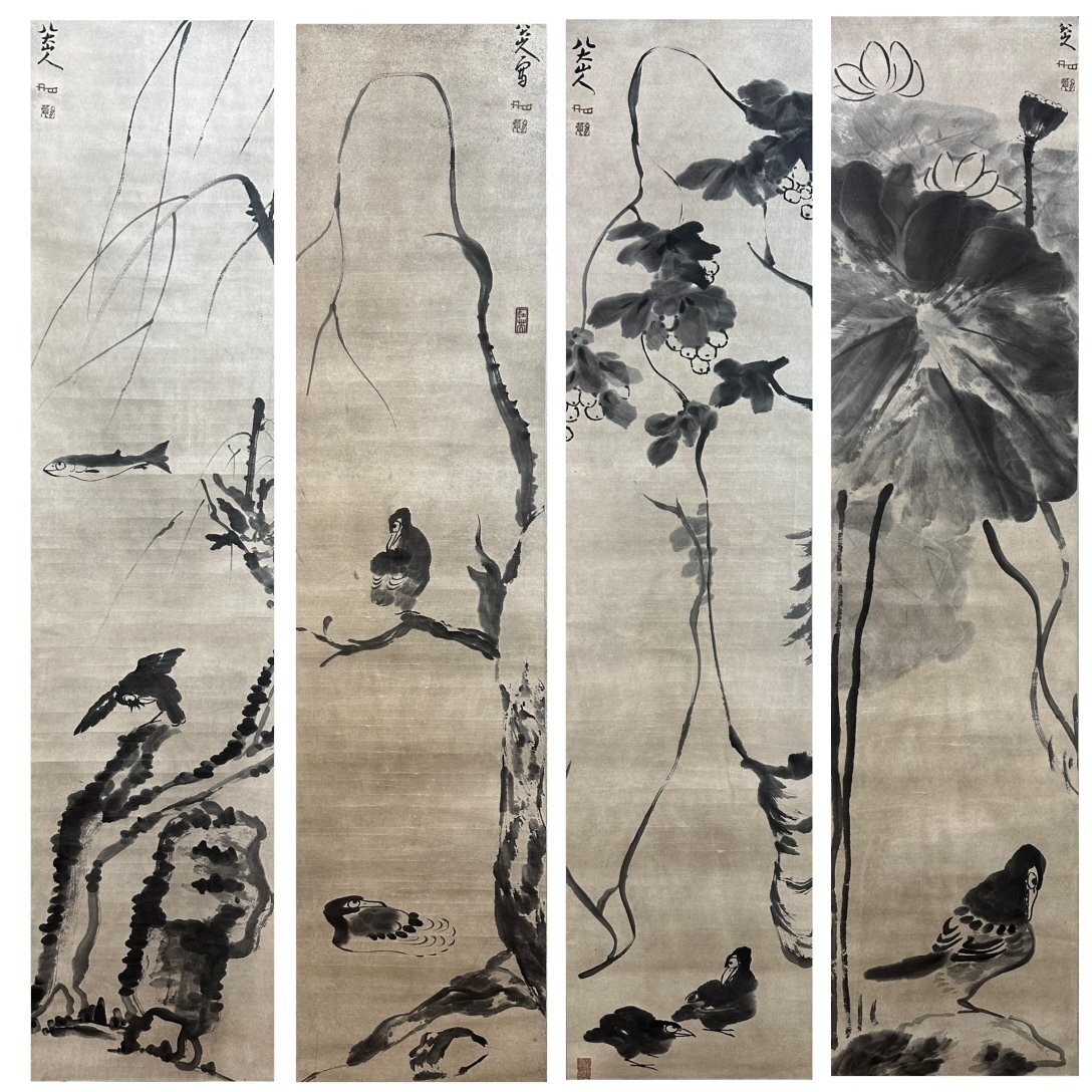 真作/中原甕塘/師、山元春挙/花鳥図/藤に雀図/二幅/掛軸☆宝船