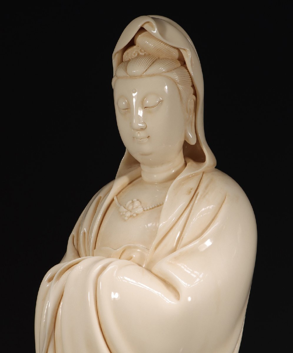 安】明時代 何朝宗製 徳化白磁渡海観音仏像 唐瓷 染付 古陶瓷 古