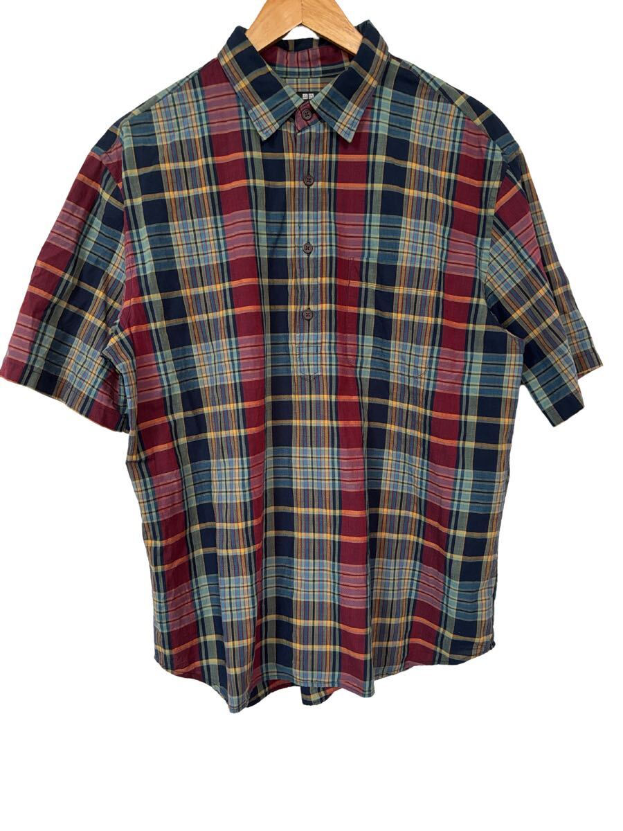 ユニクロ マドラスチェック 半袖プルオーバーシャツ L 綿100% レッド系 UNIQLO Madras Check Pullover Shirt L Cotton 100% Short Sleeve