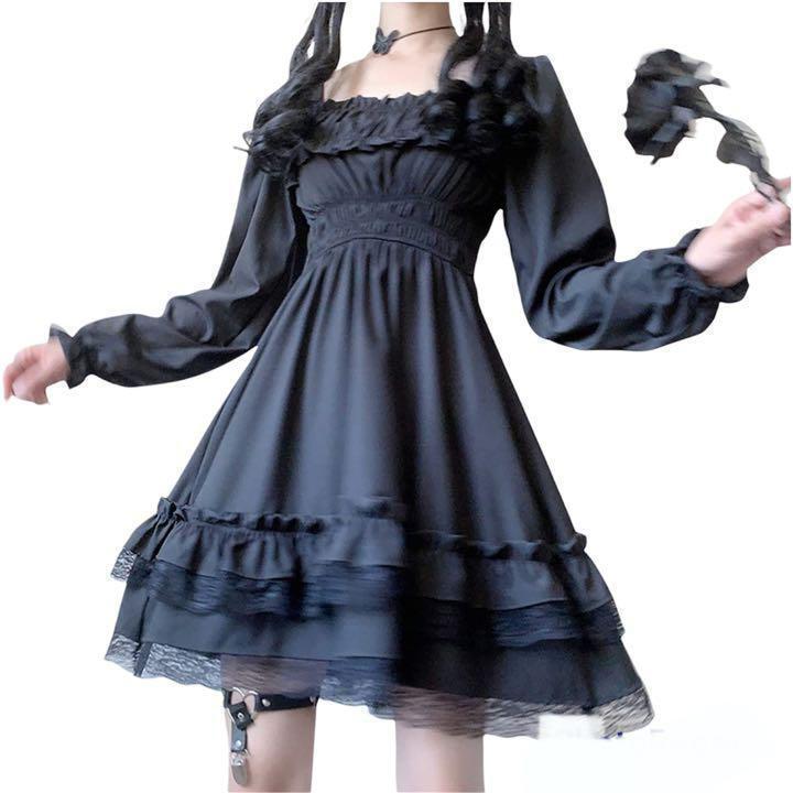 人気急上昇 M ゴスロリ ワンピース コスプレ ひざ丈 フリル レース ゴシック ロリータ　女の子　萌え　おしゃれ　外出　トレンドカラー