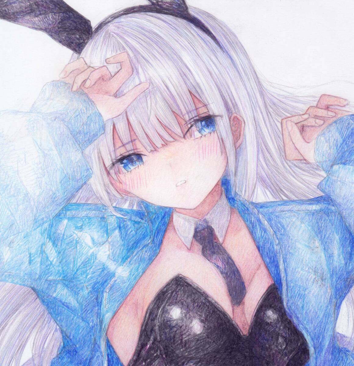 ☆A4オリジナル手描きイラスト☆色鉛筆画「青いバニーガール