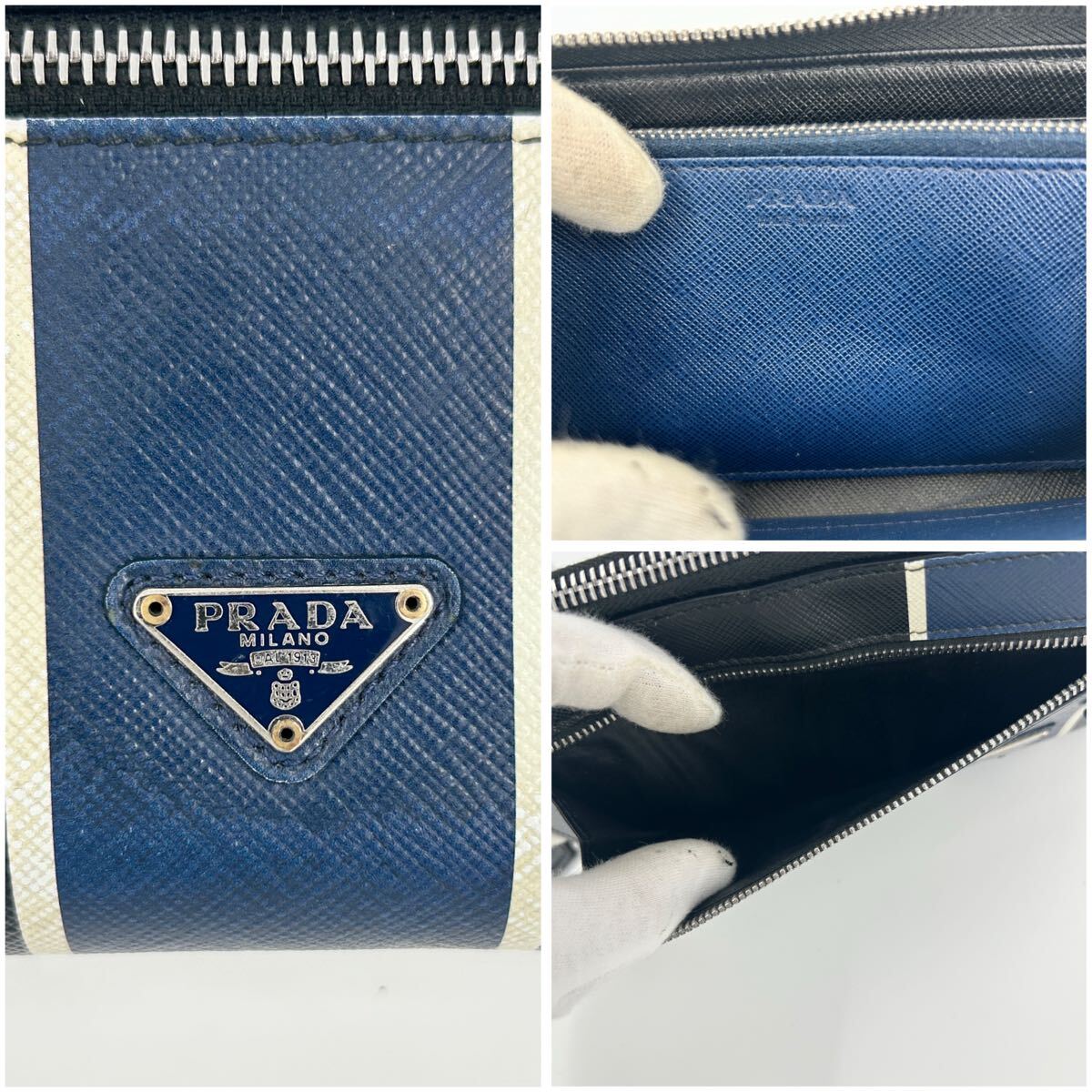 【美品?現(xiàn)行モデル】PRADA プラダ 長財(cái)布 ラウンドジップ 三角ロゴ トライアングル ストライプ サフィアーノ ブルー 青 メンズ ビジネス