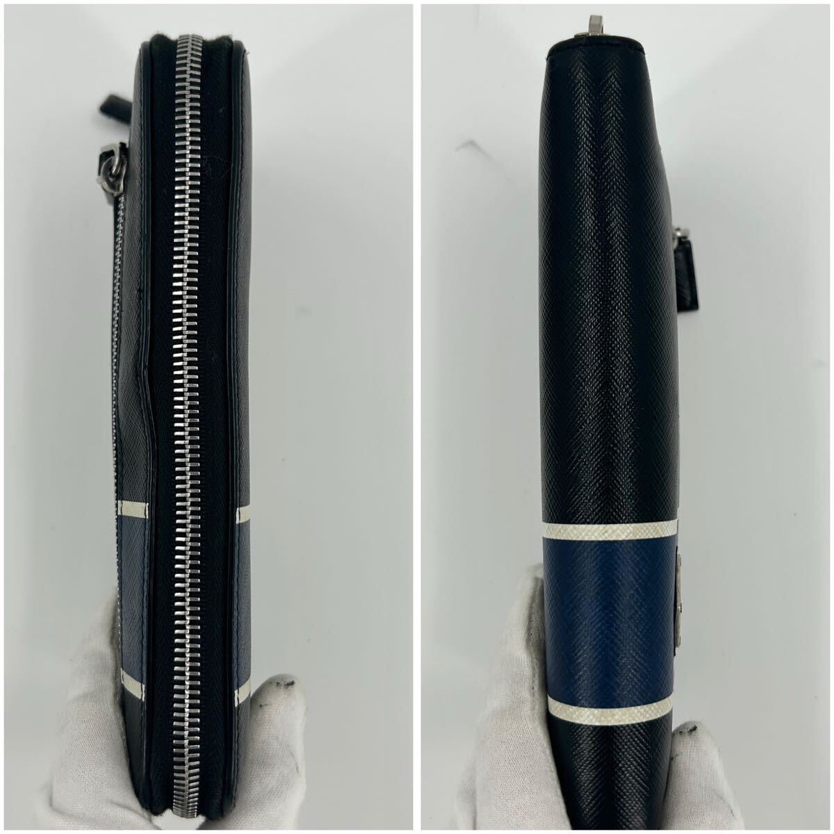 【美品?現(xiàn)行モデル】PRADA プラダ 長財(cái)布 ラウンドジップ 三角ロゴ トライアングル ストライプ サフィアーノ ブルー 青 メンズ ビジネス