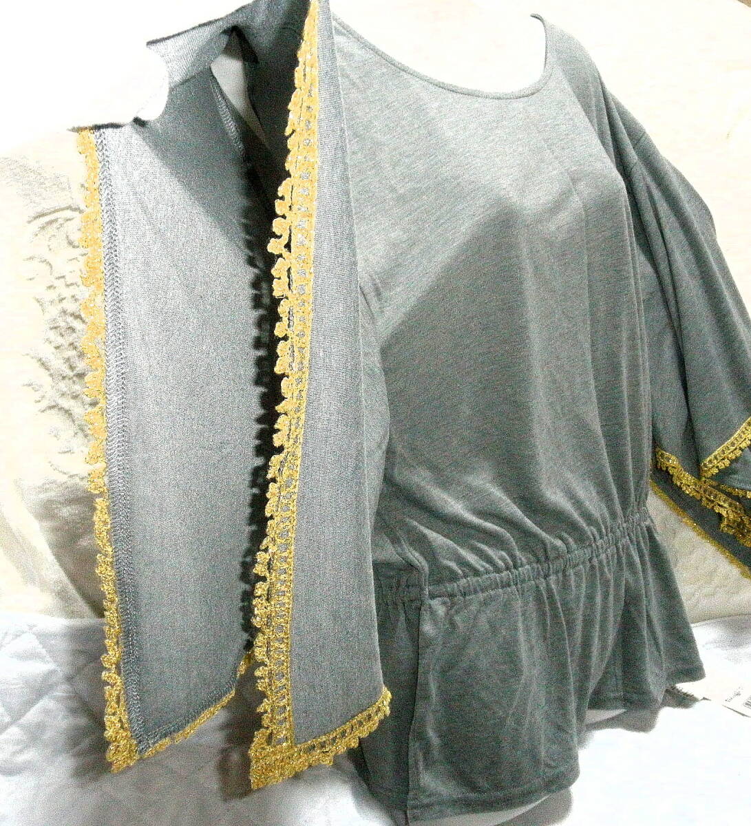 即決 M 新品タグ付 身幅46 NATURALBEAUTYBASIC 袖下スリット 着物風 ゆったりカットソー ナチュラルビューティーベーシック グレー 送430円_画像2