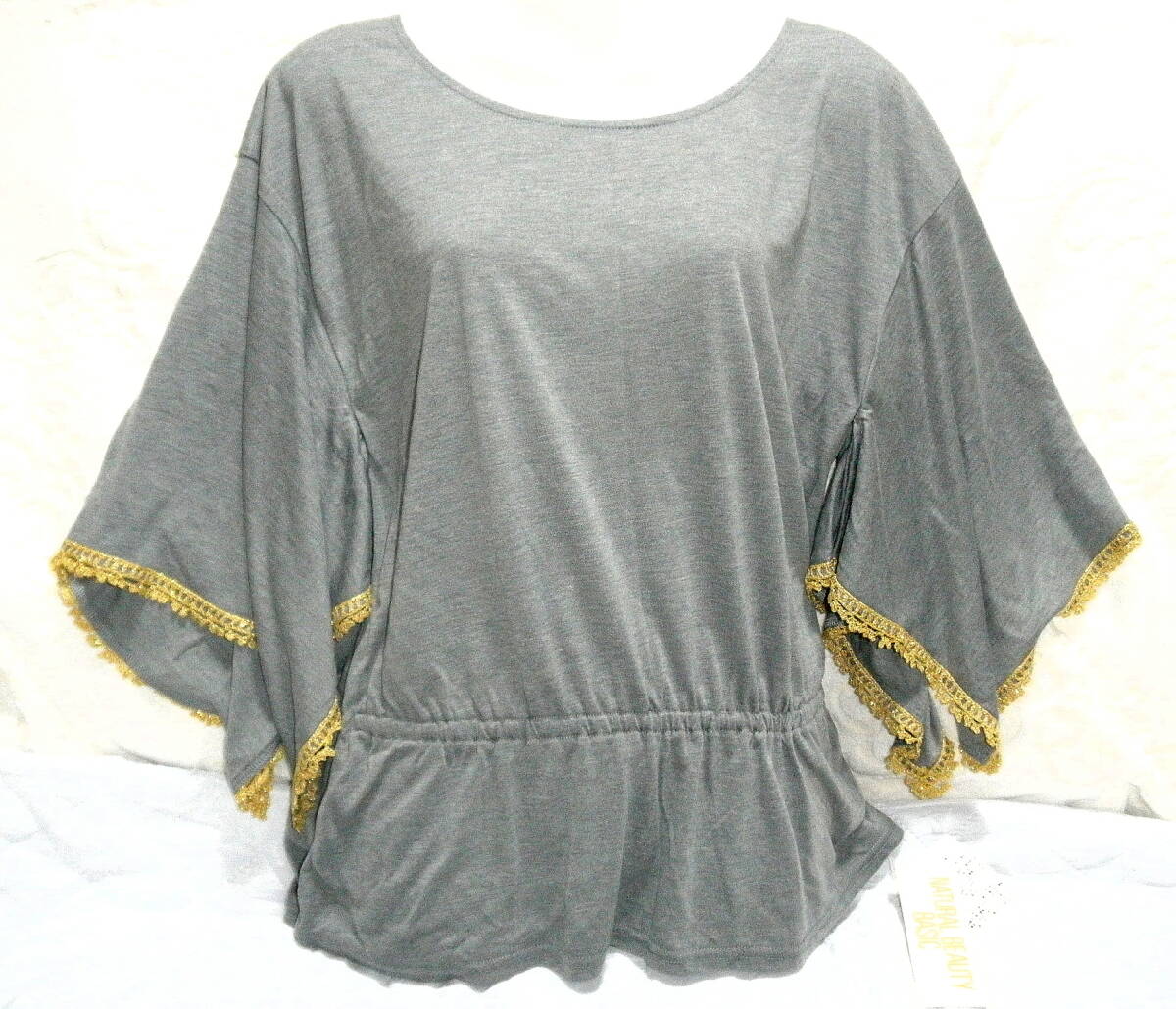 即決 M 新品タグ付 身幅46 NATURALBEAUTYBASIC 袖下スリット 着物風 ゆったりカットソー ナチュラルビューティーベーシック グレー 送430円_画像1