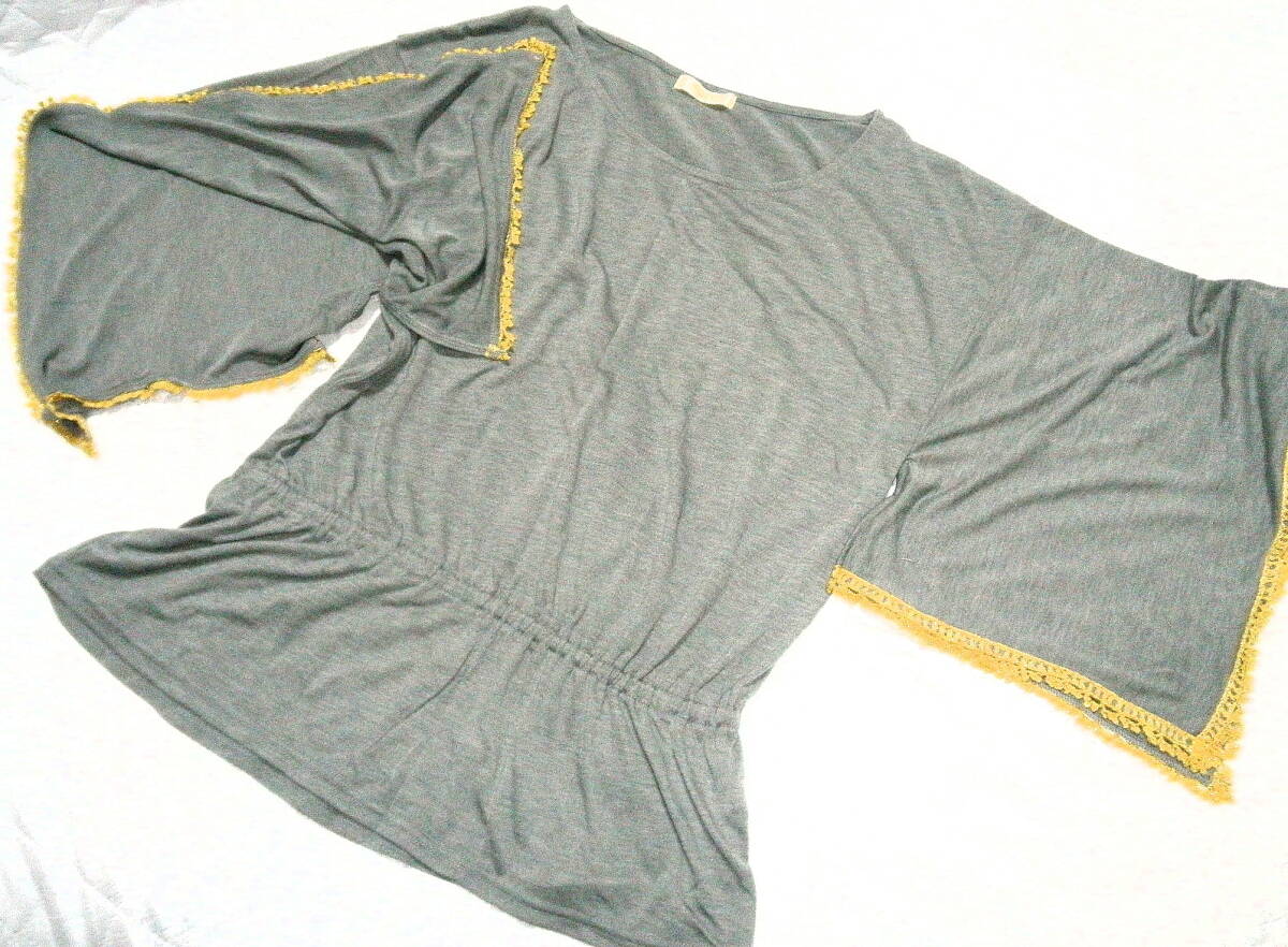 即決 M 新品タグ付 身幅46 NATURALBEAUTYBASIC 袖下スリット 着物風 ゆったりカットソー ナチュラルビューティーベーシック グレー 送430円_画像6