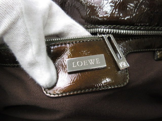 極美品 LOEWE ロエベ アナグラム アマソナ36 ハンドバッグ バッグ パテントレザー 茶 84148Y