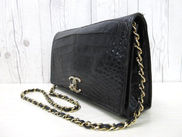 CHANEL シャネル ヴィンテージ クロコダイル ワニ革 ターンロック ココマーク ショルダーバッグ バッグ レザー 黒 84300