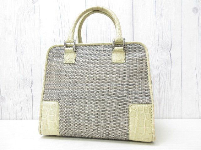 極美品 LOEWE ロエベ アナグラム アマソナ マット クロコダイル ハンドバッグ バッグ キャンバス クリーム系 84216