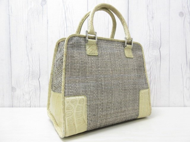 極美品 LOEWE ロエベ アナグラム アマソナ マット クロコダイル ハンドバッグ バッグ キャンバス クリーム系 84216