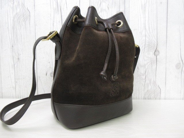 美品 LOEWE ロエベ アナグラム ショルダーバッグ バッグ スエード×レザー 茶 84237