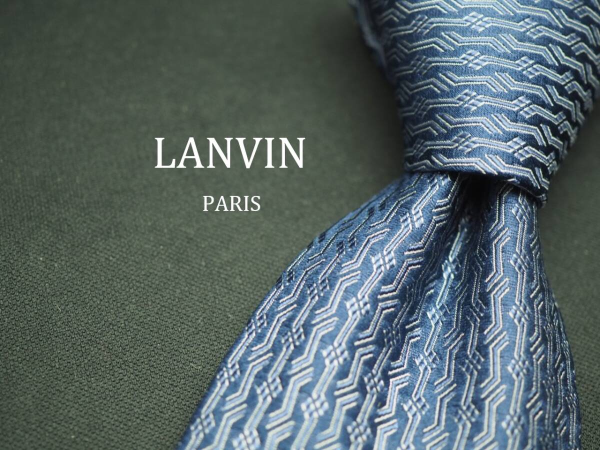 美品【LANVIN ランバン】 E1178 ネイビー シルバー SILK ブランド ネクタイ 古著 良品
