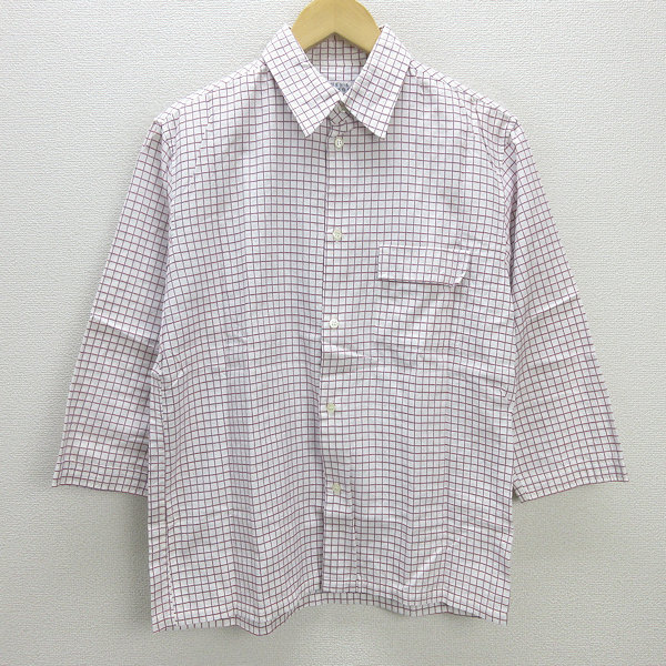 G■メルローズ/MELROSE men's 七分袖シャツ/チェック柄 コットン【4】白赤/men's/152【中古】■