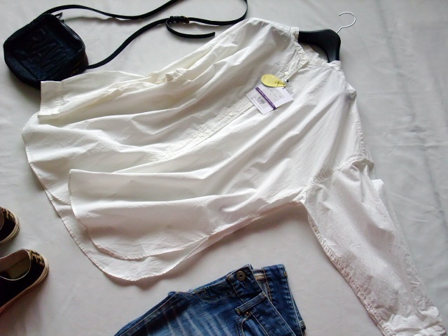 訳ありサンプル品niko andニコアンド★コットン100バンドカラーロング丈シャツブラウス★L(fēng)オフホワイトワイドビックドロップショルダー速干