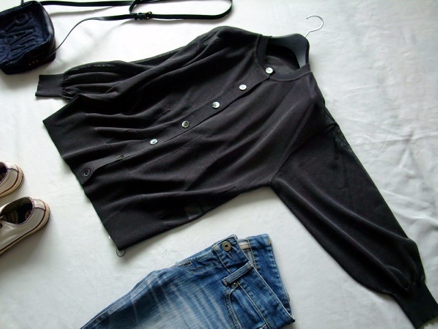 訳ありCLOCHE クロシェ★シアーニットミドル丈UVカットカーデガン★Mチャコールグレー墨くろ★ポケット付き冷房対策重ね著ワイド