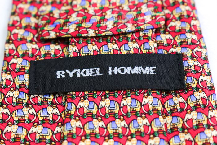 リキエル オム ブランド ネクタイ 総柄 サーカス 動物柄 ゾウ シルク フランス制 PO メンズ レッド RYKIEL HOMME