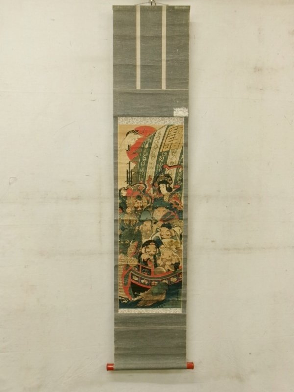 E3787 歌川広重 七福神宝船図 木版画 二枚綴 掛軸 浮世絵(浮世絵