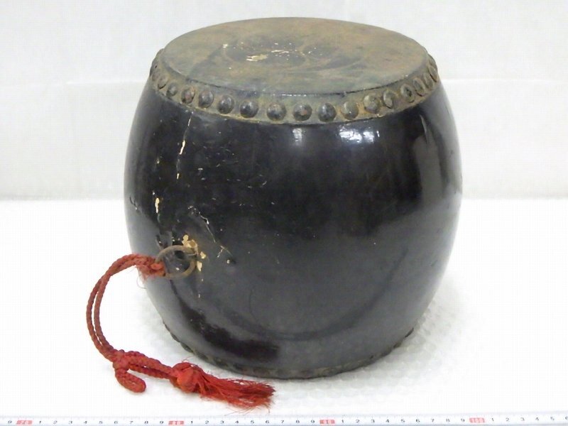 P2936 黒涂 三つ巴文 和太鼓 長(zhǎng)胴太鼓 和楽器 古民具 古道具