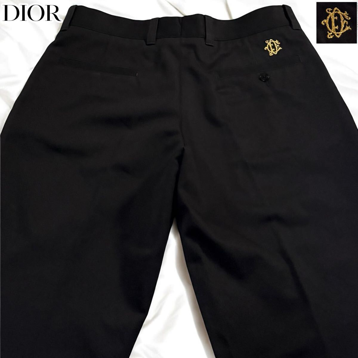 極美品/Lサイズ●Dior Homme ディオール オム クロップドパンツ チノパン スラックス メンズ コットン 金ロゴ刺繍 黒 ブラック イタリア 48